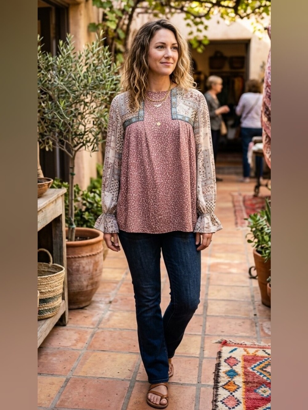 entro Dusty Rose Boho Patchwork Tunic Top